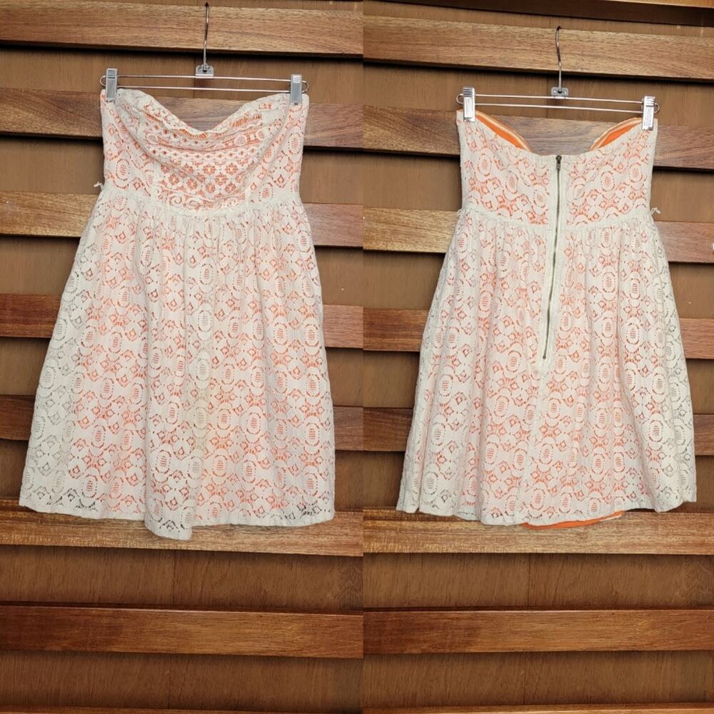 Flying Tomato Orange and Ivory Lace Strapless Mini Dress, Sz S